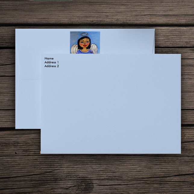 Enveloppes Art populaire Ange Chat sur Cloud (Angel sitting on cloud holding white angel cat on light blue mailing envelopes.)