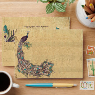 Enveloppes "Aubergine Aqua et Paon Doré Vintage 3 Plumes