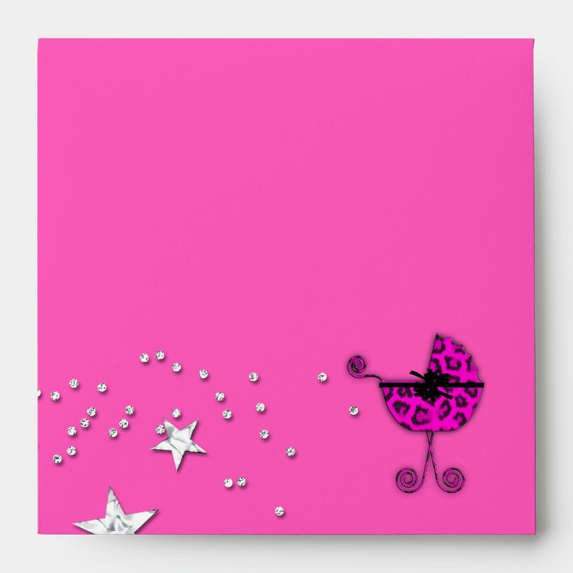 Enveloppes Baby shower Leopard Pink Pram Stars (Devant)
