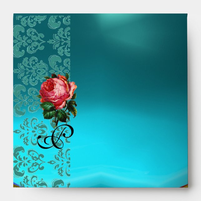 ENVELOPPES BEAU ROSE ROSE ROSE OR AQUA BLEU TURQUOISE DAMASK (Devant)