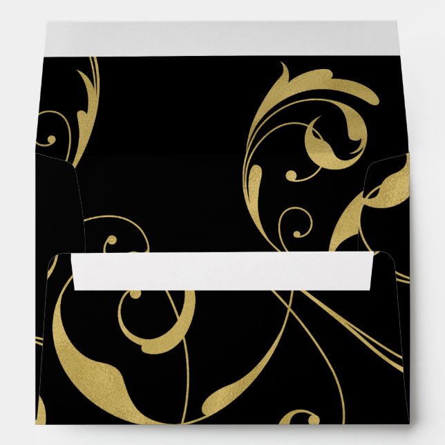 Enveloppes Black & Faux Gold Floral Swirl Mariage élégant (Dos (Bas))