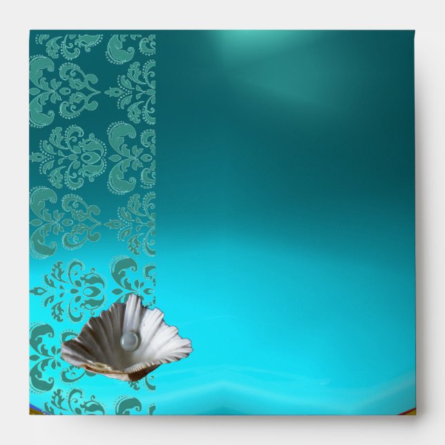 ENVELOPPES BLEU TURQUOISE AQUAMARINE DAMASK BEACH MONOGRAM DE (Devant)