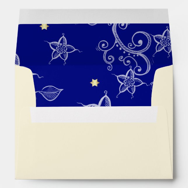 Enveloppes Bonne Hanoukka. Ménorah d'or et modèle floral (Dos (Bas))