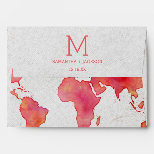 Enveloppes Carte du monde aquarelle Destination Mariage Monog (Dos (Haut rabat))