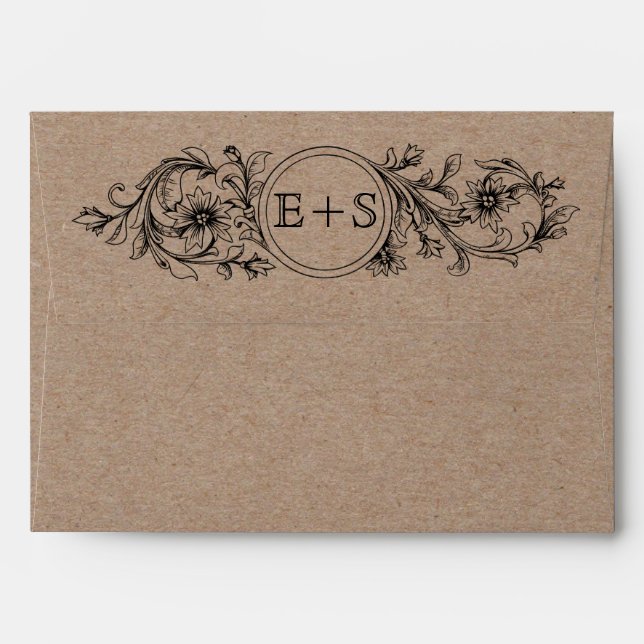Enveloppes Carton Kraft vintage initiales florales mariage (Dos (Haut rabat))