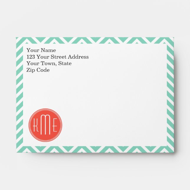 Enveloppes Chic Aqua Green Chevron et Orange Custom Monogramm (Devant)