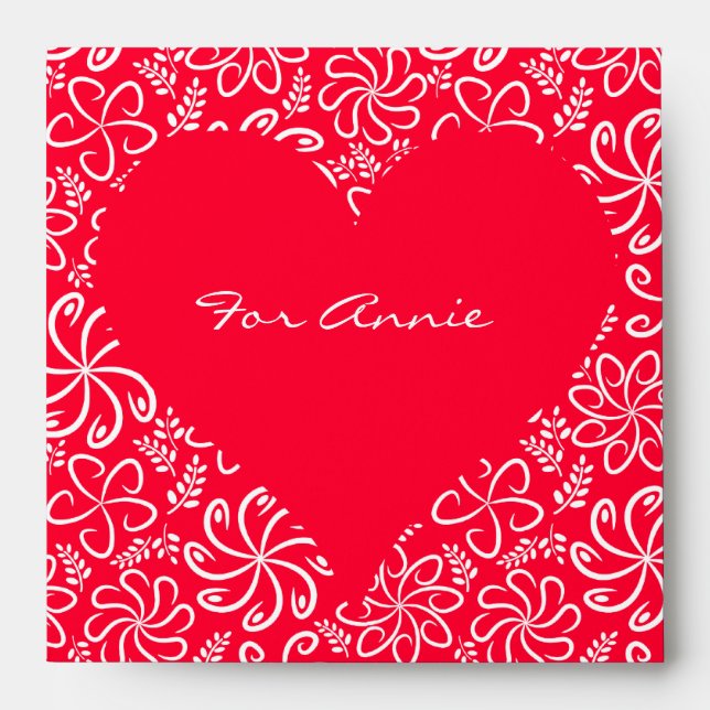 Enveloppes Coeur floral en rouge avec nom (Devant)