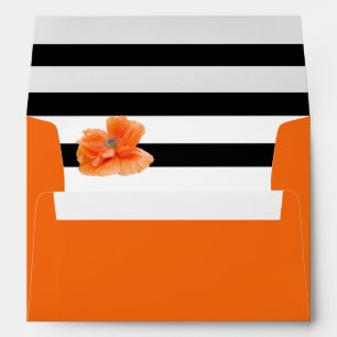 Enveloppes Coral pavot noir blanc rayures mariage floral