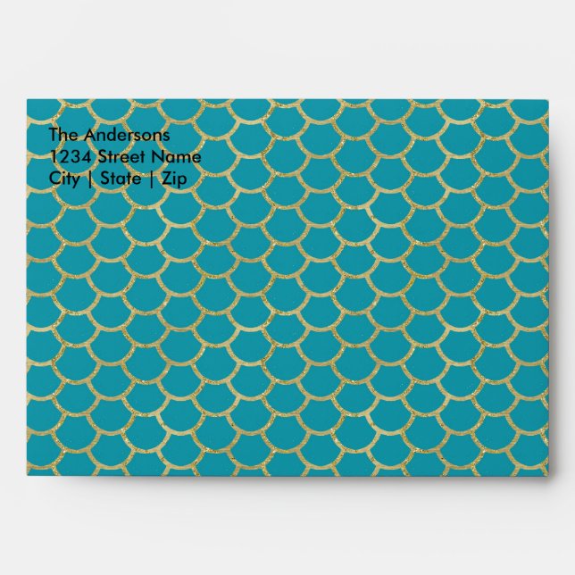 Enveloppes Coupe de sirène mignonne Turquoise et or fête d'an (Devant)