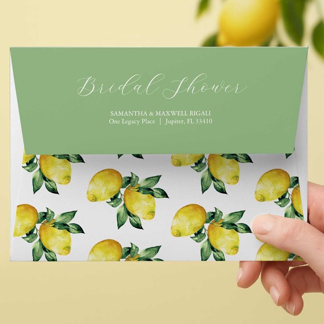 Enveloppes de Fête des mariées à thème citron (invitation envelopes with a lemon bridal shower theme by Do Tell A Belle small business on Zazzle)