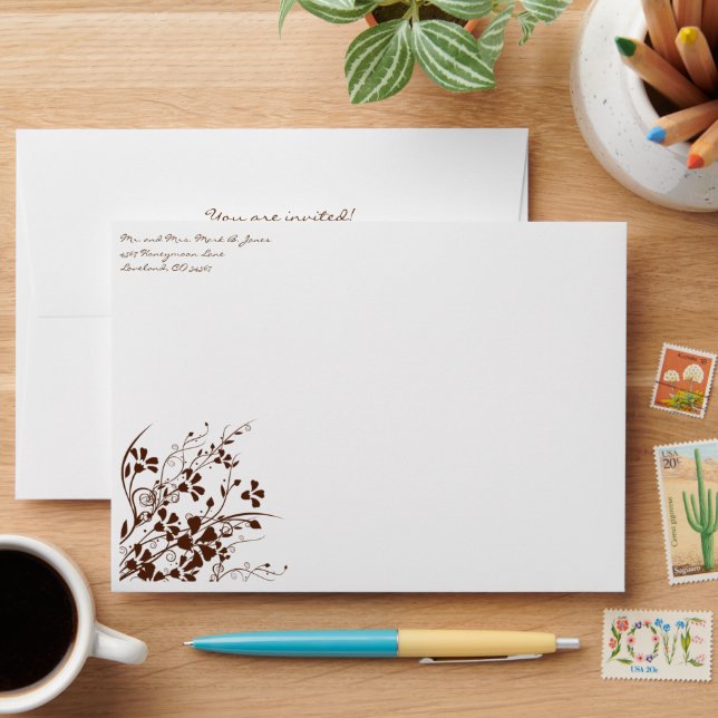 Enveloppes de Mariage Brown Flower Swirl (Desk)