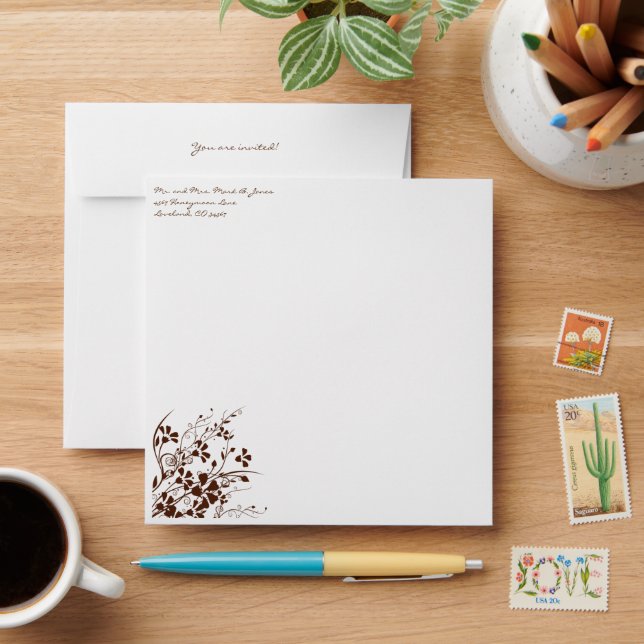 Enveloppes de Mariage Brown Flower Swirl (Desk)