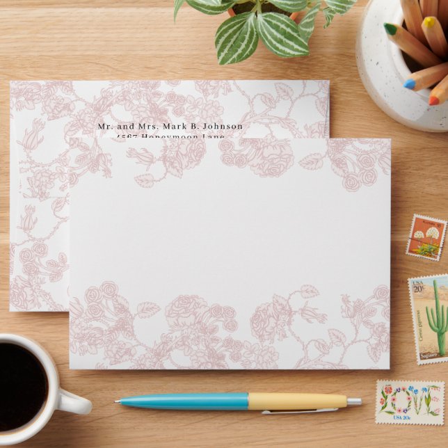 Enveloppes de mariage élégantes Roses roses et bor (Desk)