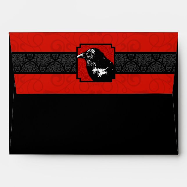 Enveloppes d'Halloween A7 rouge et noir corbeau (Dos (Haut rabat))