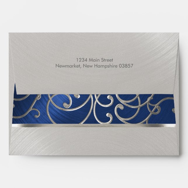 Enveloppes Elégante Filigree Bleue et Argent (Dos (Haut rabat))