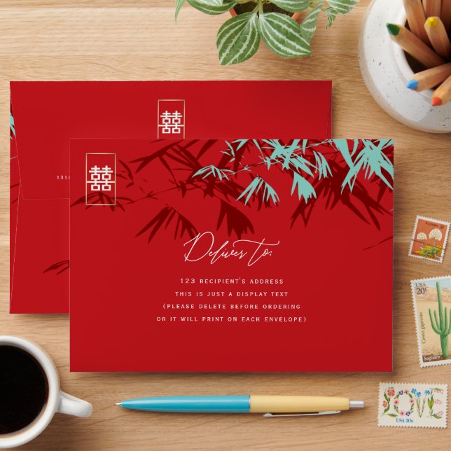 Enveloppes Feuille bambou double bonheur Mariage chinois (Desk)
