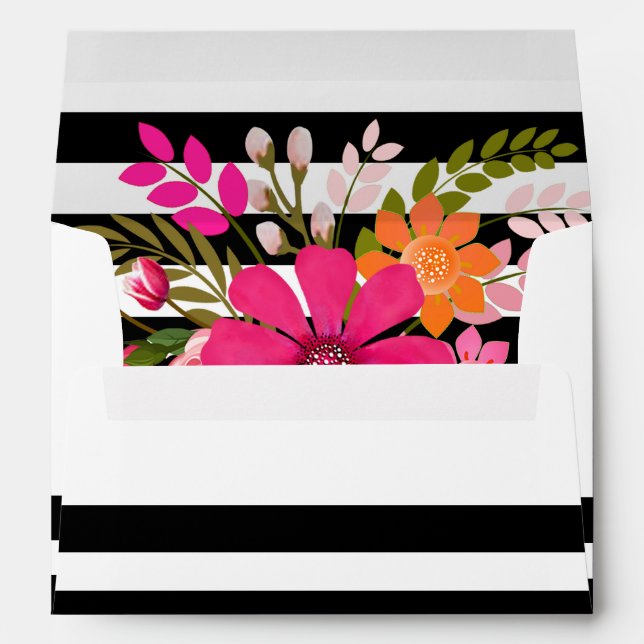 Enveloppes Fleurs de folklore rayé noir et blanc| fuchsia (Dos (Bas))