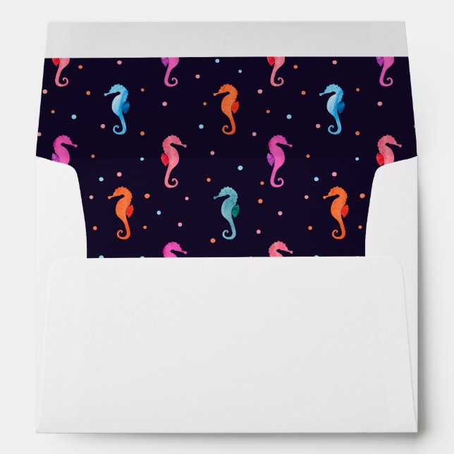 Enveloppes Hippocampes d'aquarelle sur le motif de bleu (Dos (Bas))