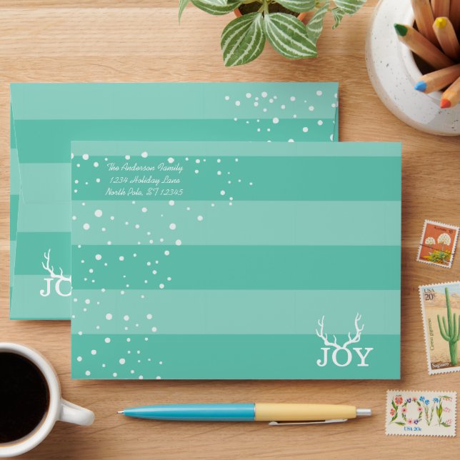 Enveloppes Joyeux Noël à la menthe et aux cerfs de joie blanc (Desk)