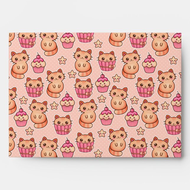 Enveloppes Kawaii Cute Cats and Cupcakes Motif rose (Devant)