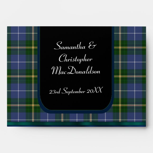 Enveloppes Mariage bleu et vert tartan plaid (Devant)