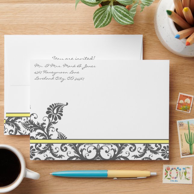Enveloppes Mariage damassé gris jaune et charbon (Desk)