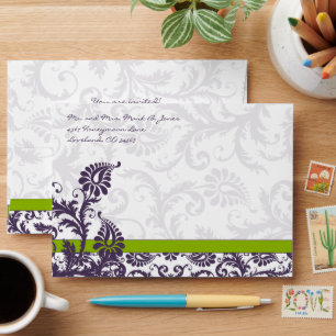 Enveloppes Mariage damassé violettes Lapis vert Ap