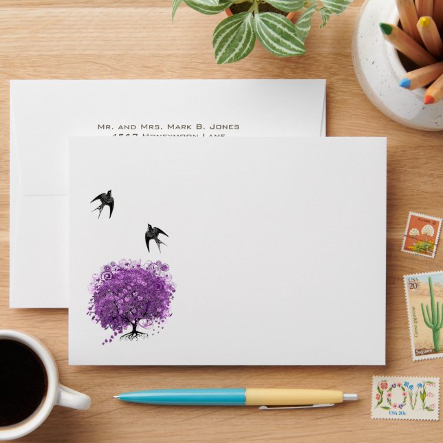Enveloppes Mariage de feuille d'arbre de coeur violet radiant (Desk)