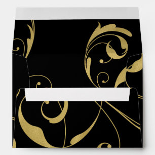 Enveloppes Mariage élégant de Black & Faux Gold Floral Swirl