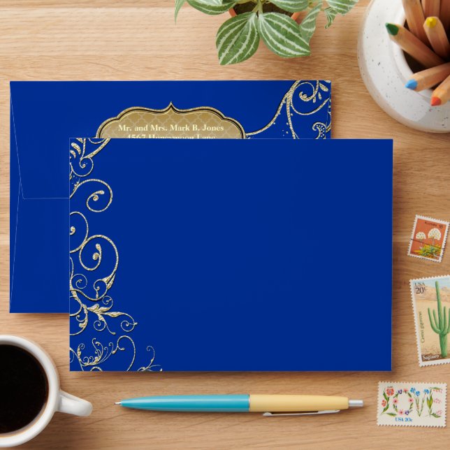 Enveloppes Mariage vintage Royal Blue Gold (Desk)