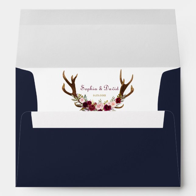 Enveloppes Marsala Floral Antlers Mariage de automne bleu mar (Dos (Bas))