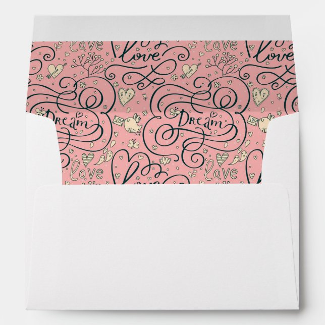 Enveloppes Motif romantique aux coeurs et aux oiseaux (Dos (Bas))