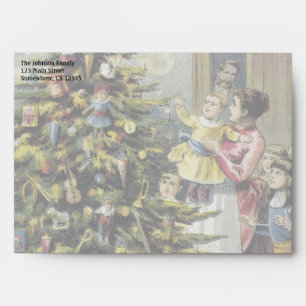 Enveloppes Noël vintage, famille victorienne autour de l'arbr