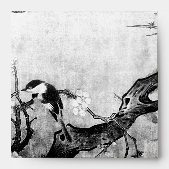 Enveloppes OISEAU DE PRINTEMPS ET FLEURS ARBRE Noir Blanc (Devant)