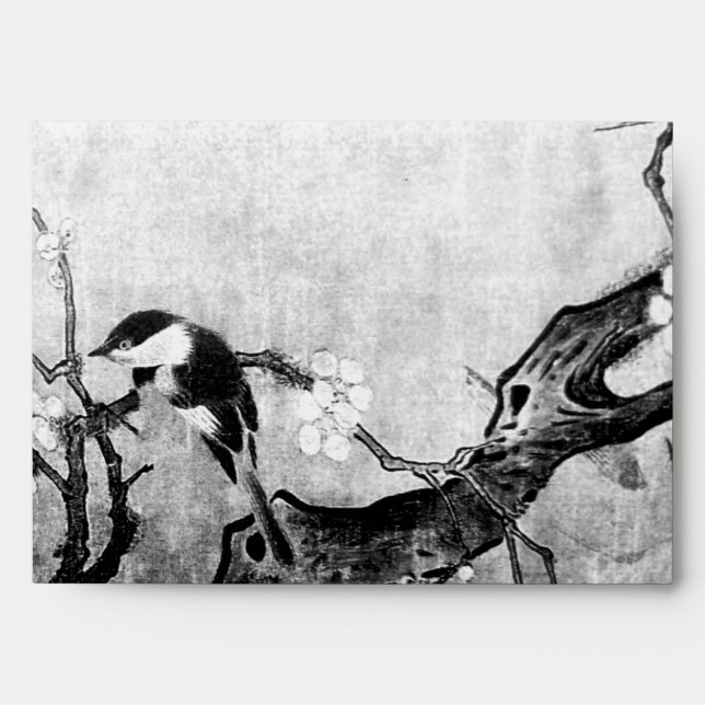 Enveloppes OISEAU DE PRINTEMPS ET FLEURS ARBRE Noir Blanc (Devant)