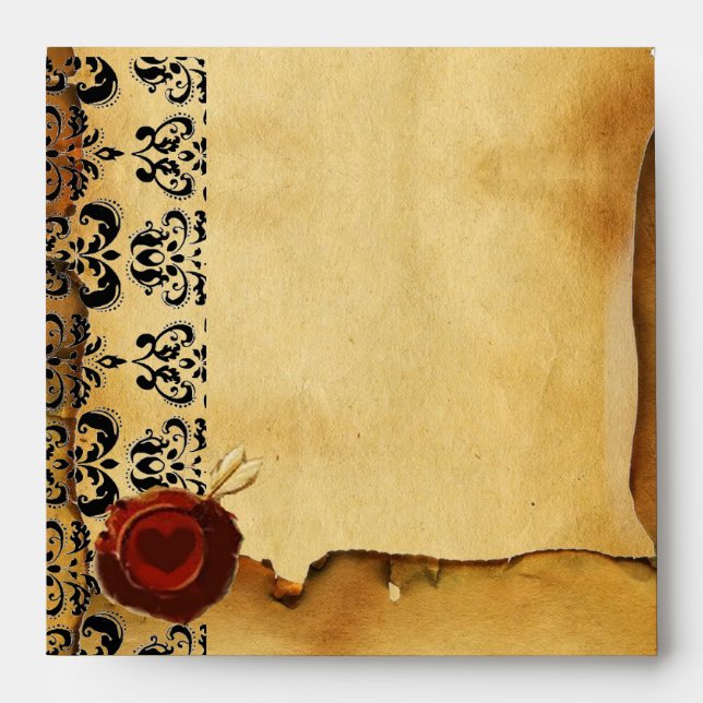 ENVELOPPES PARCHEMENT DE DAMASK, COEUR D'ANGE SCEAU DE CIRE R (Devant)