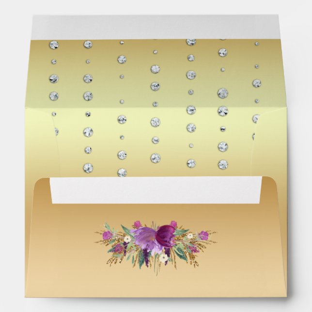 Enveloppes Parties scintillant Aquarelle Fleurs Diamants Or (Dos (Bas))