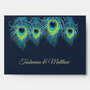 Enveloppes Peacock Feather Navu Blue Gold Mariage