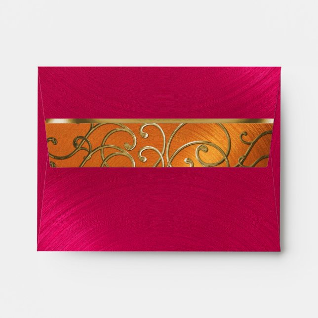 Enveloppes Quinceanera Magenta Rose Orange Gold Filigree (Dos (Haut rabat))