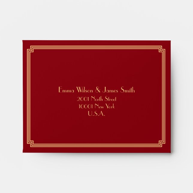 Enveloppes RSVP de mariage rouge Gatsby Art Déco (Devant)