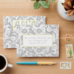 Enveloppes RSVP Mariage damassé Jaune et Gris