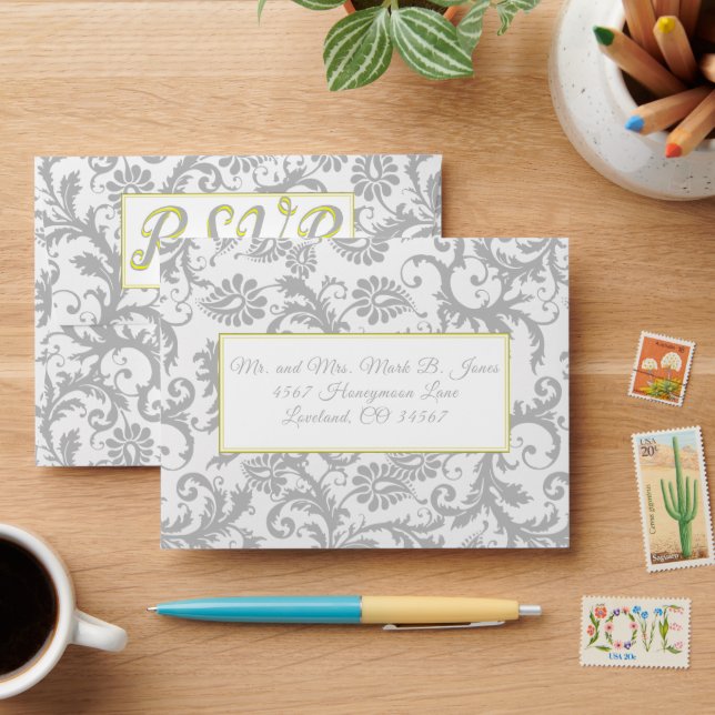 Enveloppes RSVP Mariage damassé Jaune et Gris (Desk)