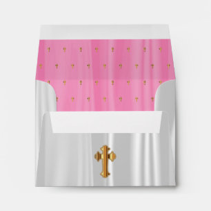 Enveloppes Satin blanc et rose religieux aux croix d'or