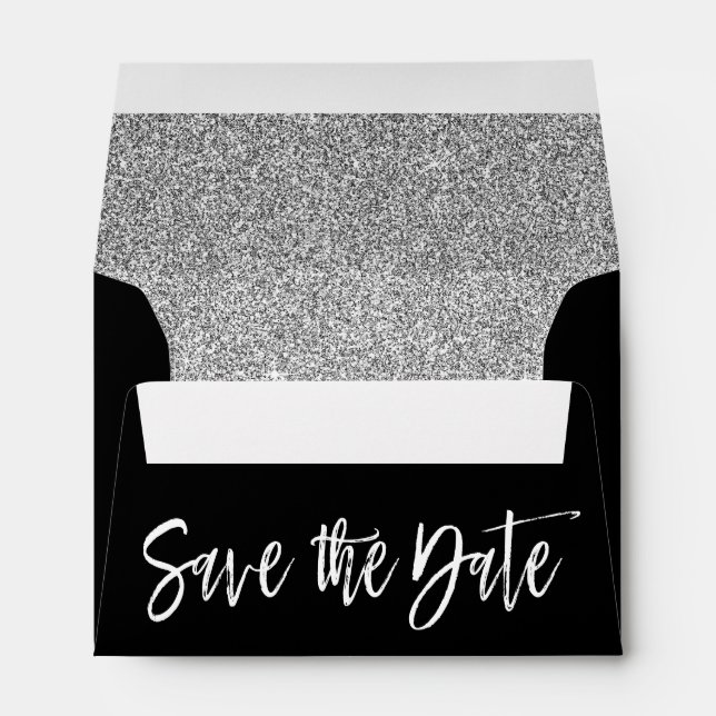 Enveloppes Silver Sparkle Black & White Enregistrer la date (Dos (Bas))