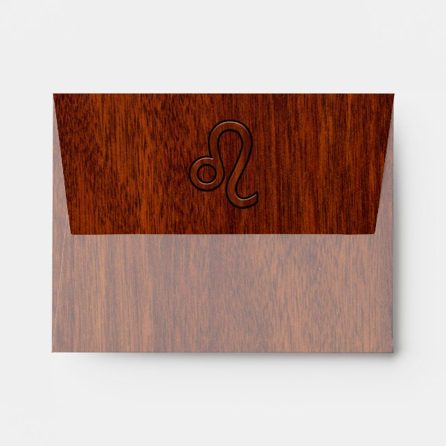 Enveloppes Symbole Leo Zodiac en bois de mahogany (Dos (Haut rabat))