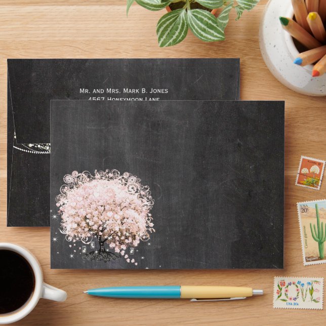 Enveloppes Tableau noir Pink Heart Leaf Tree Invitation (Desk)