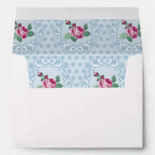 Enveloppes Victorien, bleu-clair, point de polka, roses
