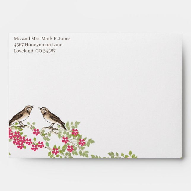 Enveloppes vintages Inséparables en fleurs roses (Devant)