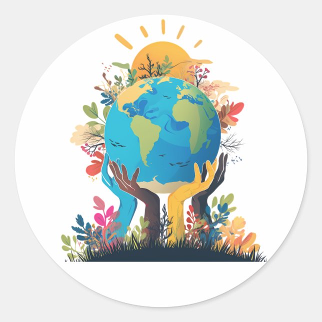  Environment  - Earth Illustration with Hand & sun Classic Round Sticker (Front)