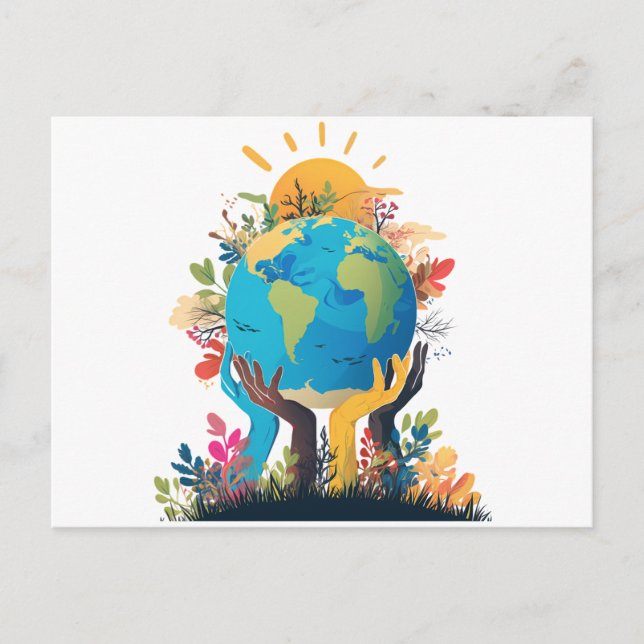 Environment  - Earth Illustration with Hand & sun Holiday Postcard (Front)